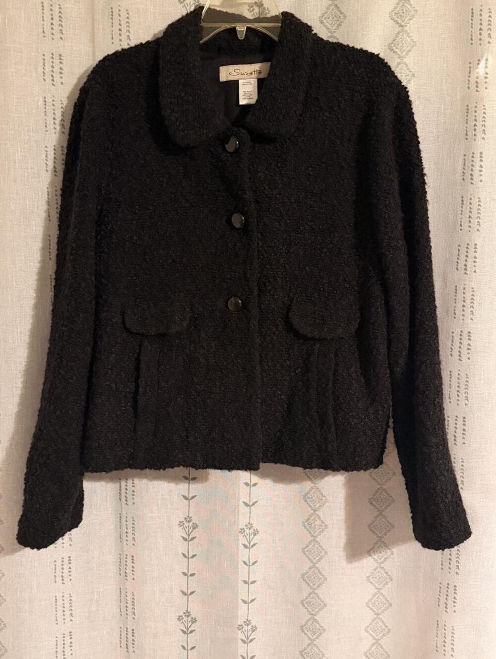 Vtg 90s USA Suzette Black Bouclé Wool Blend Dark Academia Collared Jacket Size L